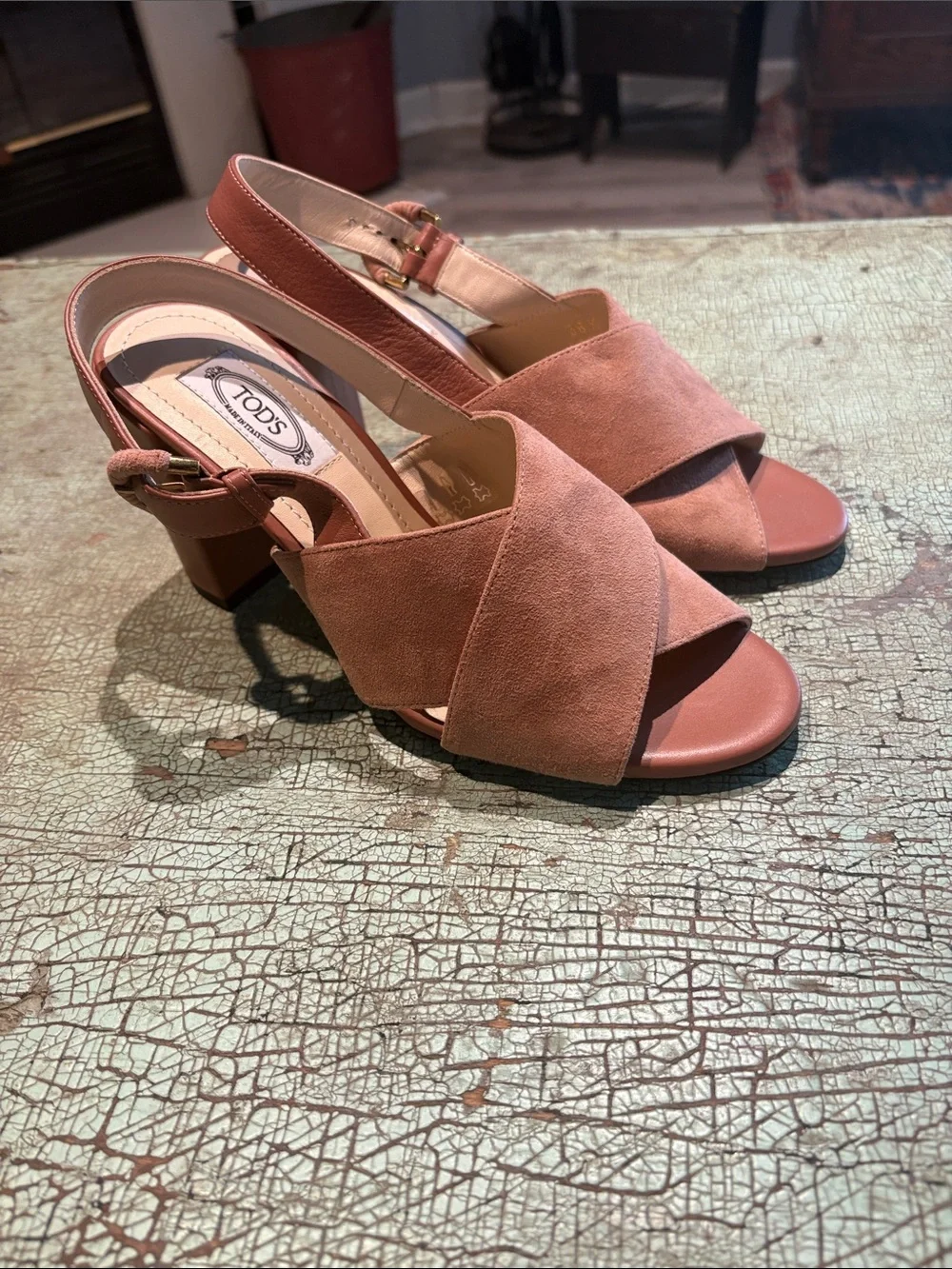 TOD’S Made in Italy Dusty Rose Suede Slingback Block Heel Sandals